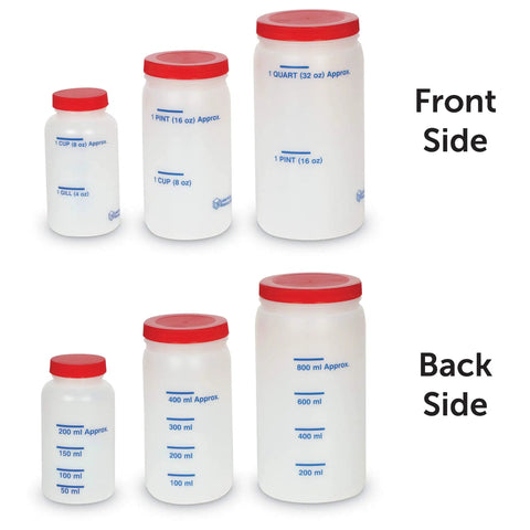 Five Piece Liquid Measuring Jars Set For Kids Ages 5 And Up Customary And Metric Capacity Tools showing front and back measurements.