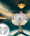 Child wearing lightweight white angel wings with silver foil and feather detail, for cosplay and performances, in a theater setting.