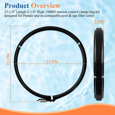 Tension Control Clamp Ring Kit for Pool and Spa Filter Easy Install Durable Clamp Ring, side and top view, dimensions labeled.