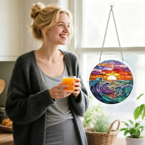 Ocean Sunset Puzzle Suncatcher Kit With 83 Pieces hung on window showing vibrant colors, 7.4 inches acrylic, no tools needed.
