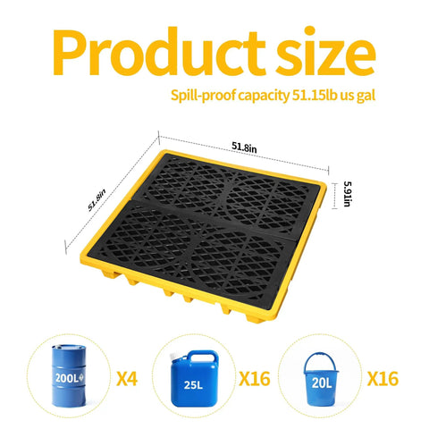 Spill Containment Tray With Drain, Heavy Duty 51x51x6 Inch Platform, Anti Slip Surface, Leakproof Detachable Pallet, Holds Four Drums.