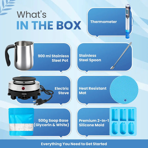 All-In-One Soap Making Kit With 900ml Stainless Steel Pot That Delivers Zero Mess, Drip-Free Melting Pot, and accessories layout