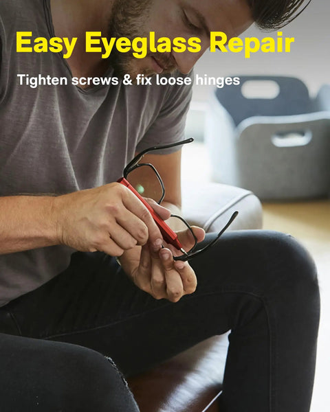 Man using Slick 24-In-1 Mini Screwdriver Set with Eyeglass Repair Kit and Precision Bits for Tiny Screws on glasses.