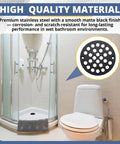 2 Pack 4 Inch Matte Black Stainless Steel Drain Cover Round 304 Rustproof Shower Floor Drain Cap installed in a bathroom.