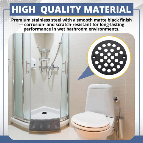 2 Pack 4 Inch Matte Black Stainless Steel Drain Cover Round 304 Rustproof Shower Floor Drain Cap installed in a bathroom.