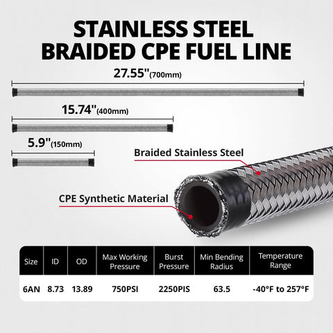 Stainless steel braided fuel line with CPE core, 6AN size, automotive fuel line, 750 PSI max.