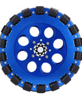 Omnidirectional wheel with blue aluminum hub and silicone rollers, 8-inch diameter