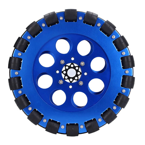 Omnidirectional wheel with blue aluminum hub and silicone rollers, 8-inch diameter