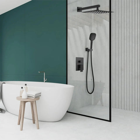 Modern bathroom with Dope Matte Black 10 Inch Square Rain Shower System, handheld spray, wall mount faucet, and glass enclosure.