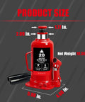 Heavy Duty 20 Ton Hydraulic Bottle Jack With 40,000 Lbs Lifting Capacity Adjustable Screw Top Extension For Auto And Truck Repair And Home Lifts Red Durable Tool, front view with measurements