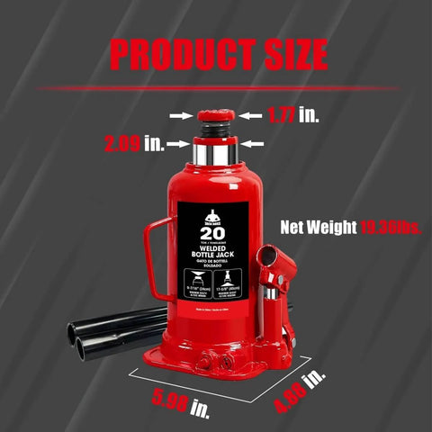 Heavy Duty 20 Ton Hydraulic Bottle Jack With 40,000 Lbs Lifting Capacity Adjustable Screw Top Extension For Auto And Truck Repair And Home Lifts Red Durable Tool, front view with measurements