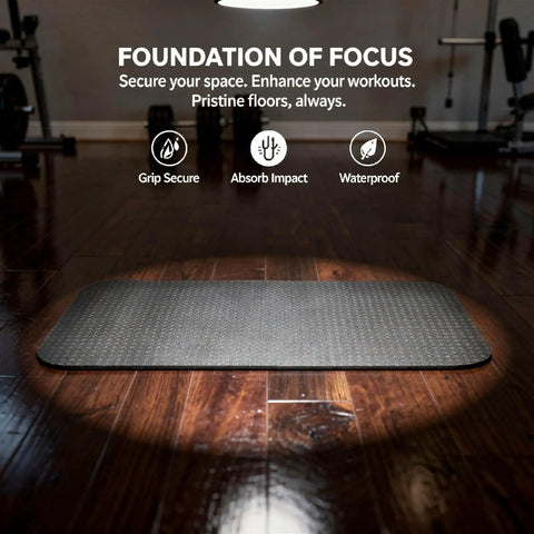 Grippy Double Sided Exercise Bike Mat With PVC Silicone Non Slip Surface Hardwood Floor Protector displayed in gym setting.