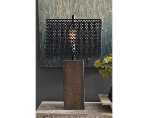 Urban 29-Inch Table Lamp With Antique Brown Paper Composite Finish, 3-way switch, modern retro style on a wooden table