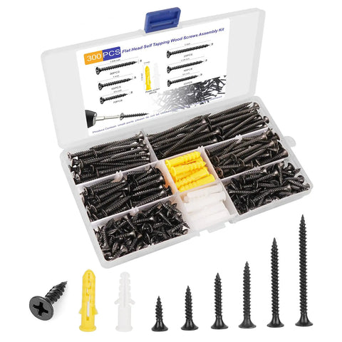 Wood Screws Kit 300 Pcs Six Sizes Flat Head Phillips Drive Self Tapping Coarse Thread Screws for woodworking with M6 Drywall Anchors