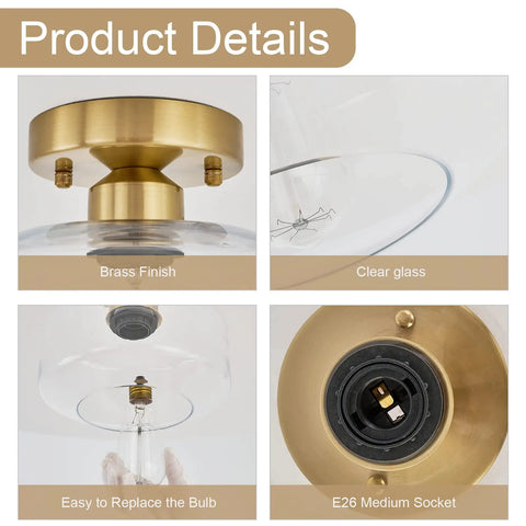 Product details of modern gold brass finish ceiling light fixture semi flush mount with 8.66 inch clear glass shade