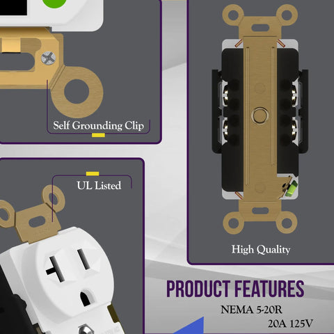 Heavy Duty Hospital Grade Outlet And Industrial Duplex Receptacle 20A 125V 5-20R features with self-grounding and UL listed clips
