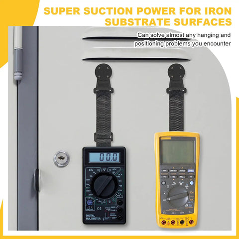Two Sets Magnetic Hanging Strap Kit For Multimeters And Instruments With Durable Reusable Magnets Fits Most Models Great For Techs DIYers Field Work And Shop Use Keeps Your Gear Organized And Ready To Go holding two multimeters on a metal surface