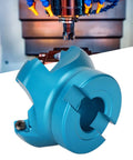 CNC face mill head, blue aluminum alloy with four flutes, front view for metal machining