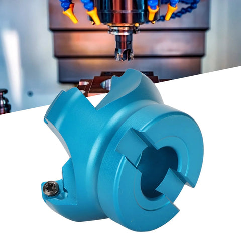 CNC lathe face mill with 4 flutes, blue aluminum alloy tool, close-up view.