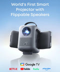 Portable Projector With WiFi And Bluetooth Flippable Dual 10W Dolby Audio Speakers 1080P FHD 4K Support shown on white background