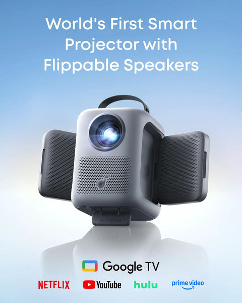 Portable Projector With WiFi And Bluetooth Flippable Dual 10W Dolby Audio Speakers 1080P FHD 4K Support shown on white background