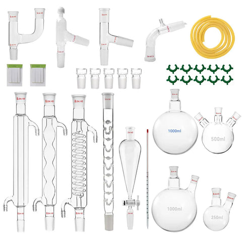32 Piece Lab Glassware Kit For Distillation And Essential Oil Making With 24 40 Joint 1000ml Round Bottom Flask 1 Neck visible