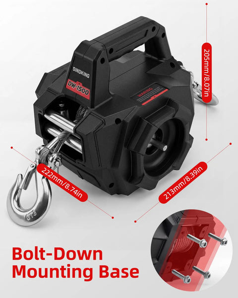 Portable 1500 Lb Drill Winch With 40 Ft Synthetic Rope Free Spool Clutch And 360 Degree Swivel Hook For ATV Farm Trailer Rescue And Heavy Duty Outdoor Pulling, bolt-down base