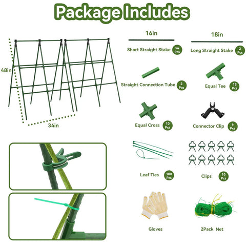 Package includes for Two Pack 34 By 48 Inch A Frame Garden Trellis For Climbing Plants Outdoor with stakes and clips