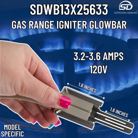 Hand holding WB13X25633 Glowbar Gas Range Igniter Replacement Model Specific Not Universal, with blue flame in background
