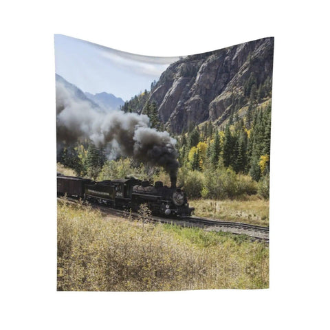 Steam Locomotive Train Wall Tapestry Print showcasing dope vintage train decor on lightweight polyester fabric