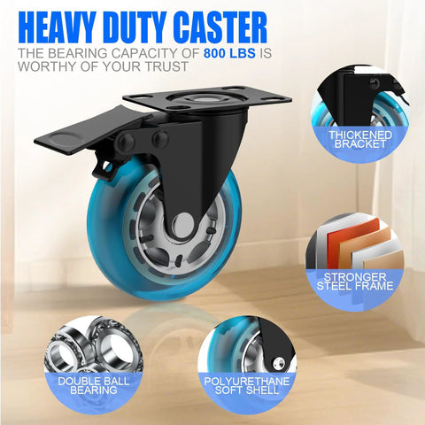 Side view of blue 2-inch polyurethane plate caster wheel with locking brake and steel mounting plate