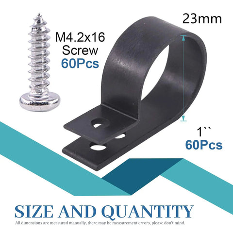1 Inch Black Nylon R Type Cable Clip Kit With 60 Clips And 60 Screws For Wires Cables Conduits And Cable Management