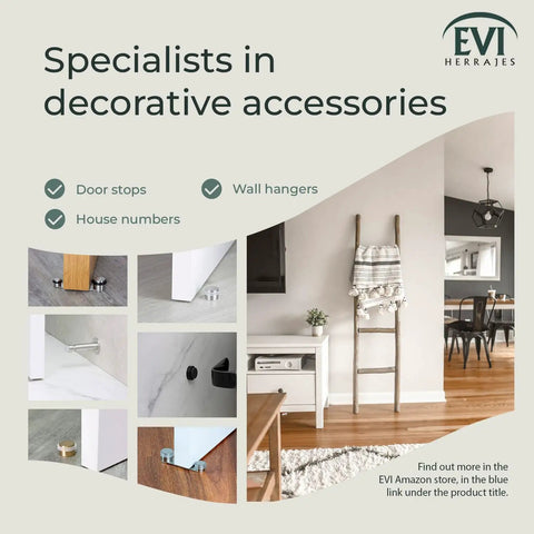 Collage of decorative accessories including self adhesive floor door stops and wall hangers from EVI Herrajes.