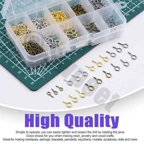 Slick 492 Piece Pin Vise Hand Drill Kit With Fine Twist Bits And Assorted Eye Screws showing assorted eye screws in a storage box.