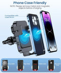Auto Clamp Wireless Car Charger Mount, 15W Fast Charging shown in use with iPhone and compatible phone case.