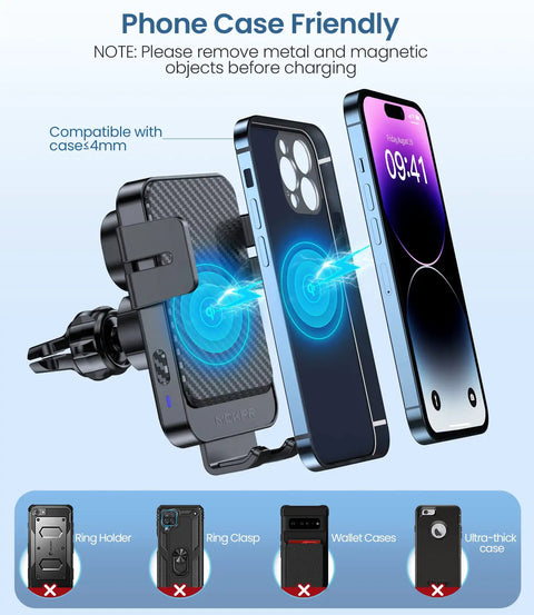 Auto Clamp Wireless Car Charger Mount, 15W Fast Charging shown in use with iPhone and compatible phone case.