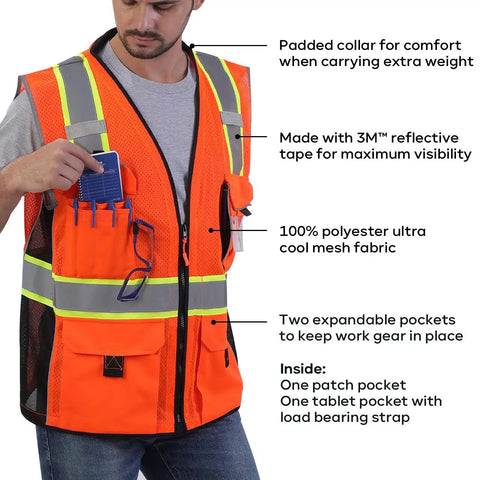 Man wearing an Orange Mesh Reflective Safety Vest With ID Pocket And Padded Neck, Heavy Duty Construction, 3M Reflective Tape For Day And Night Visibility, Size XL, showcasing pockets and features.