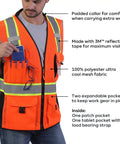 Heavy Duty Ansi Reflective Safety Vest In Bright Orange Mesh With Multi Function Pockets And 3M Retroreflective Tape, showing detailed pockets.