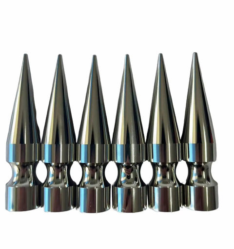 Oversized Two Point Nine Eight Inch Tree Spikes And Cone Shaped Metal Studs Silver Aluminum Alloy in a row, heavy duty pest guard.