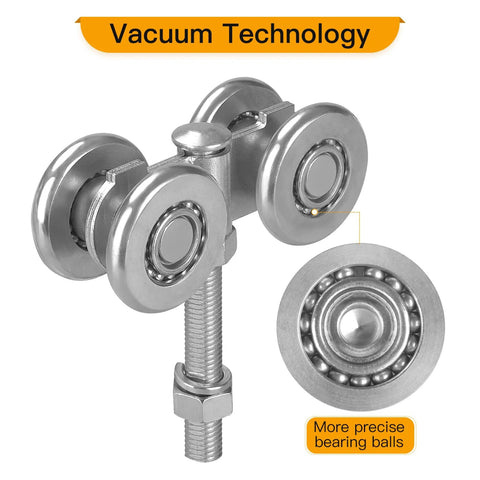 Beam Trolley Assembly With Silent Rollers For 1-3/4 Inch Wide And 2-1/4 Inch Or Taller Rail Hanging Track, side view with close-up of bearing