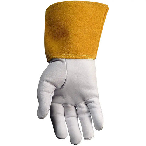 Premium Goat Grain TIG Welding Gloves With 4 Inch Gold Extended Cuff Unlined White And Gold Large For Pro Welders