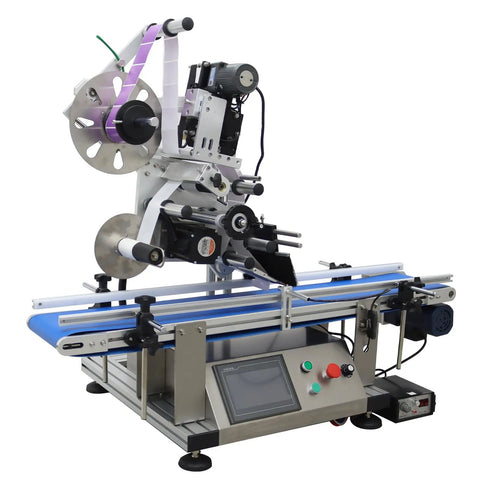 Automatic Desktop Conveyor Labeling Machine With Adjustable Belt For Flat Surfaces 110V Plug And Play, detailed view showing stainless body and controls.