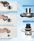 Universal Brass Drain Stopper Slick Chrome Finish Heavy Duty Bathtub Drain Cover showing removable filter basket and silicone ring.