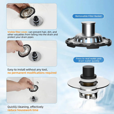 Universal Brass Drain Stopper Slick Chrome Finish Heavy Duty Bathtub Drain Cover showing removable filter basket and silicone ring.