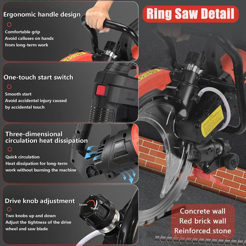 Pro Rigged Heavy Duty 9500 Watt Electric Concrete Ring Saw with ergonomic handle and one-touch start for clean core cutting.
