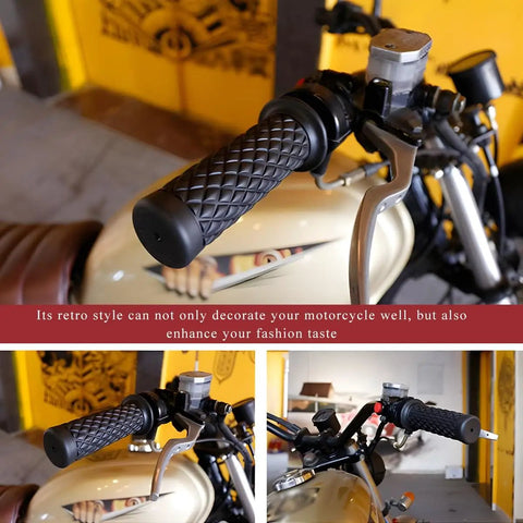 2 Pack Non Slip Motorcycle Hand Grips Open End Seven Eighths Inch Twenty One Millimeters Twenty Four Millimeters Fits Dirt Bike Scooter Motocross Vintage Soft Rubber Thruster Grips With Durable Soft Rubber For All Weather Riding installed on motorcycle handlebar