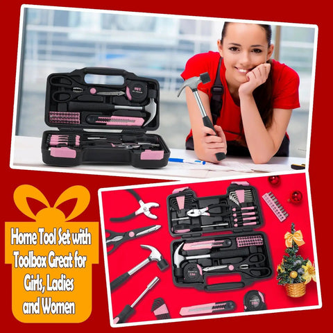 58 Piece Household Tool Set With Pink Plastic Toolbox Case For Everyday Home Repairs And DIY Projects, Includes Hammer, Pliers
