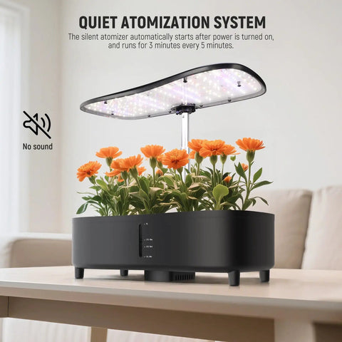 All In One Aeroponics Growing System Kit With Atomization Tech Led Grow Light displaying orange flowers indoors.
