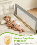 71-Inch Bed Rail For Toddlers, Folding Up Safety Guard securing sleeping child, soft gray finish, in bedroom setting