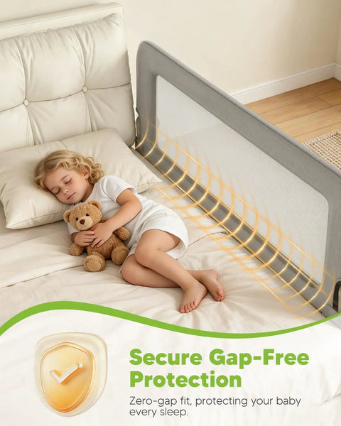 Child sleeping with 71 Inch Toddler Bed Rail Guard Fold Up Baby Side Rail on bed, showing breathable mesh and secure gap-free fit.